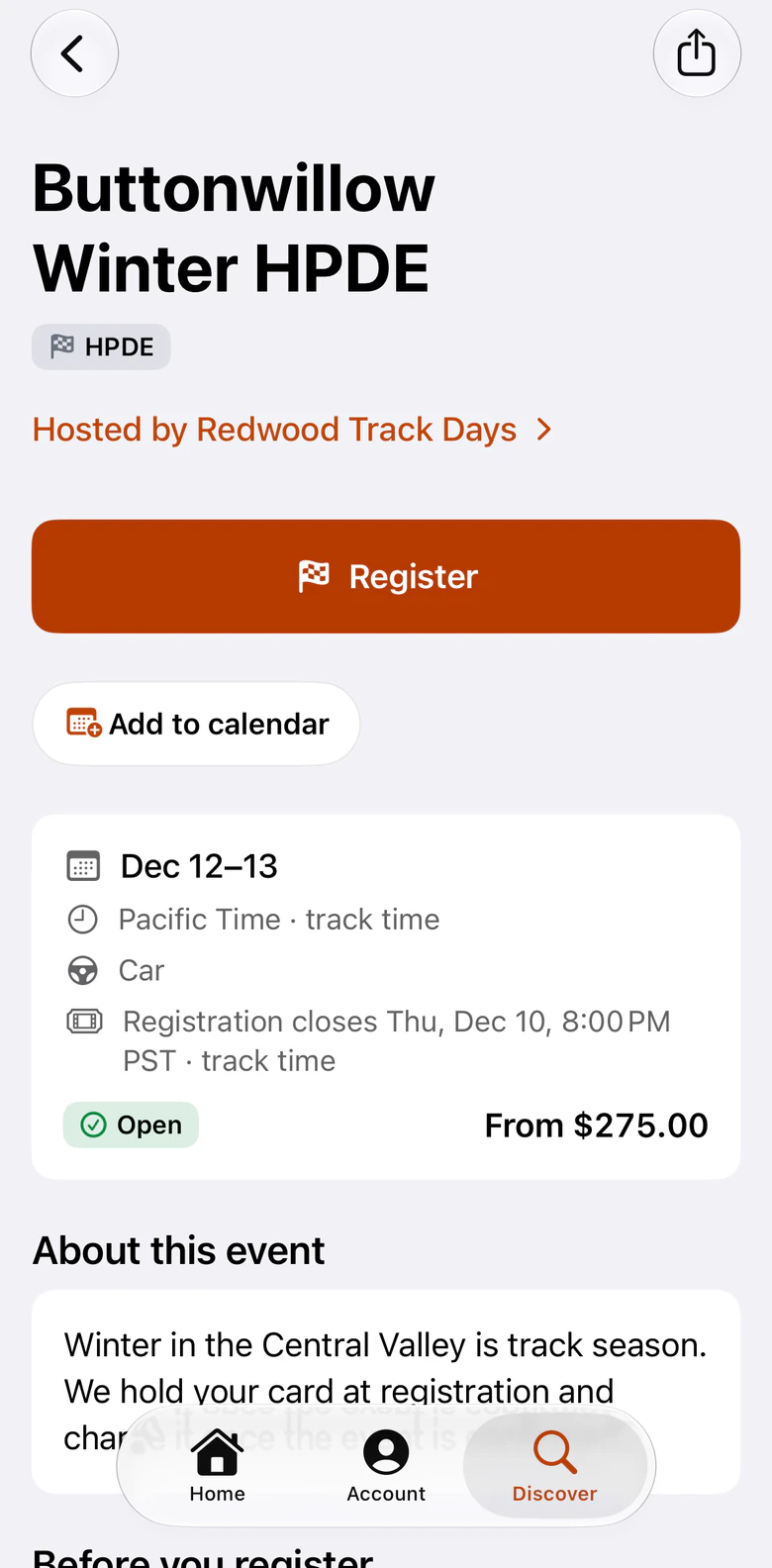 The event page for Buttonwillow Winter HPDE in the trackReg iPhone app: hosted by Redwood Track Days, a Register button and Add to calendar, its dates, track time, when registration closes, and a starting price of $275.00.
