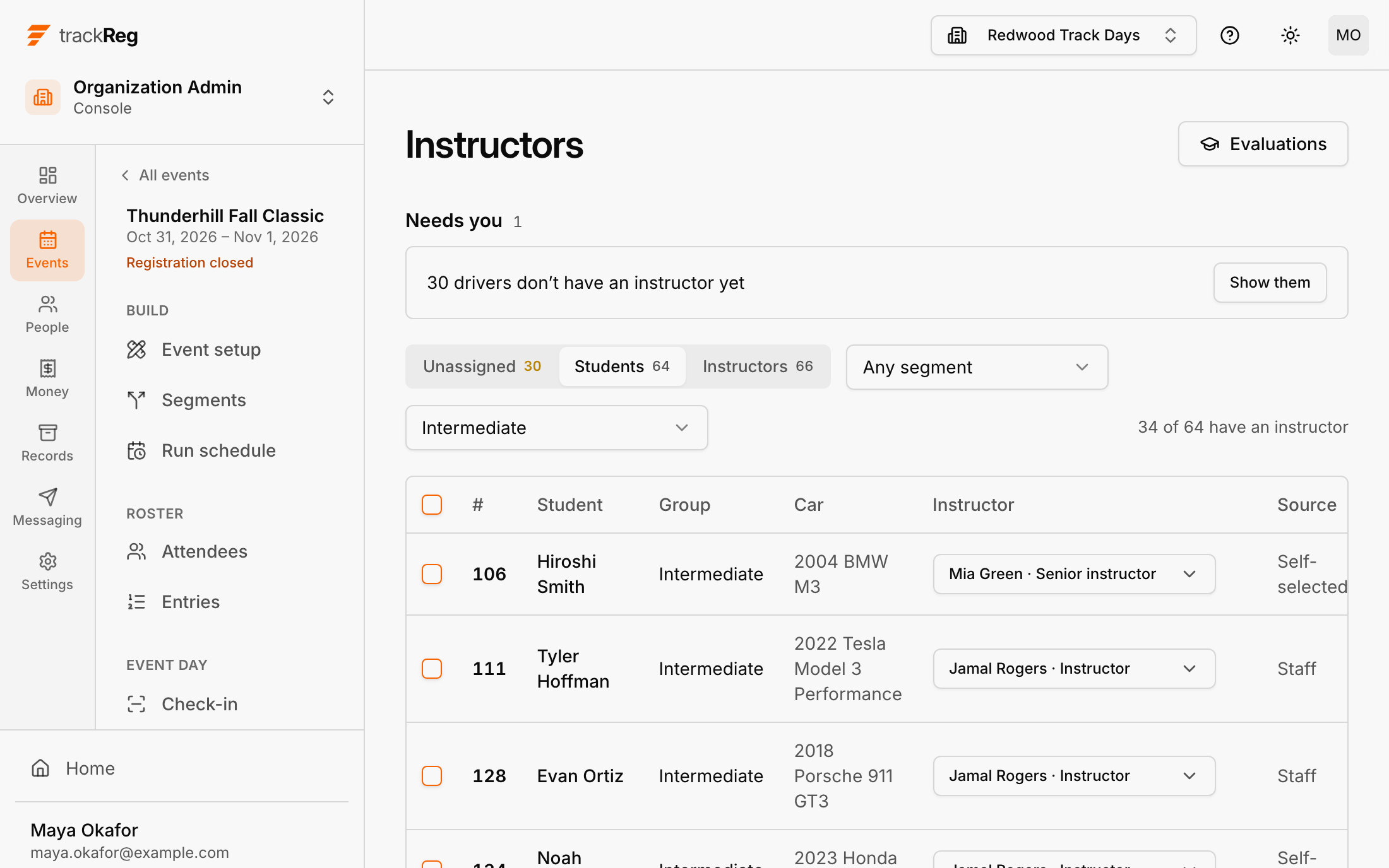 The instructors screen for Thunderhill Fall Classic, filtered to the Intermediate run group: each student with their car and an instructor paired with them, and who made each pairing.